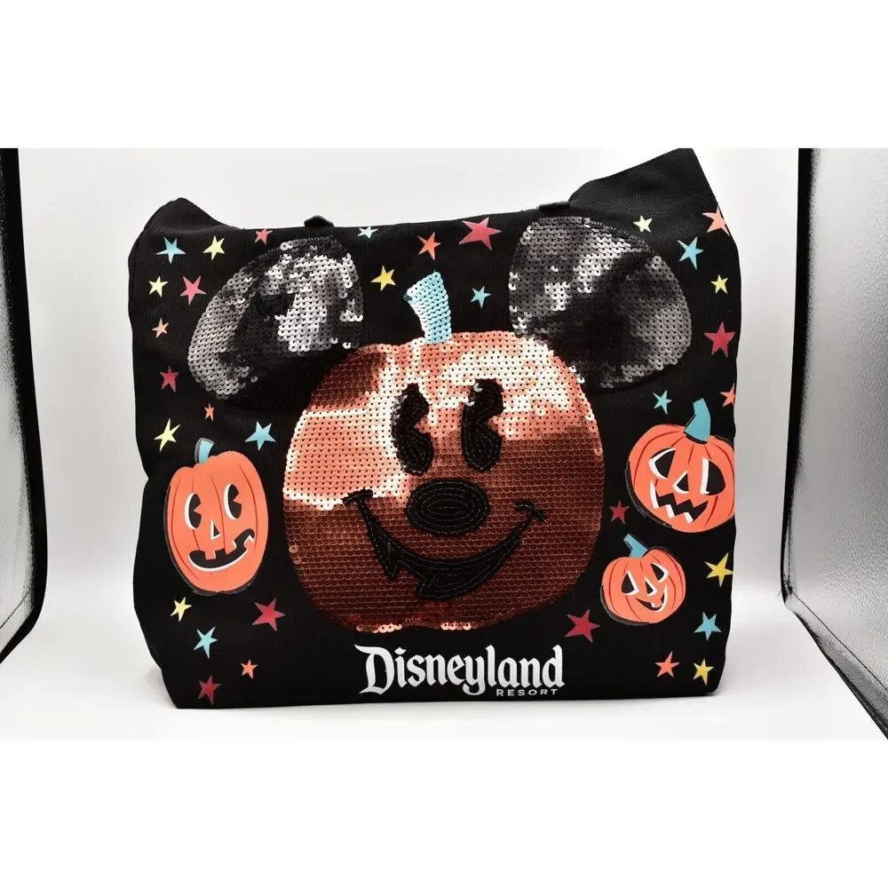 Disneyland Resort Halloween Sequin Pumpkin Mickey Mouse Open Top Tote Bag Black